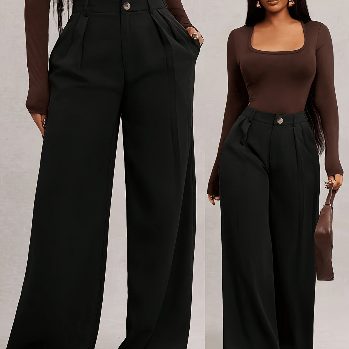 Pantalon grande taille, coupe droite, poches plaquées — composition : 100% Polyester