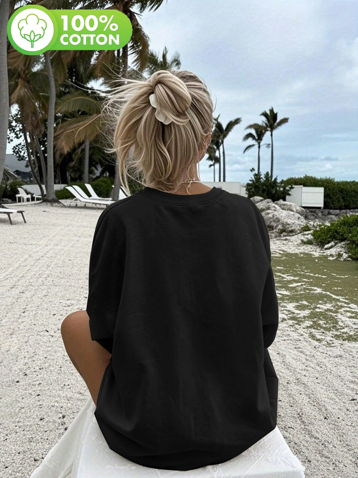 T-shirt grande taille à imprimé fleuri, manches longues, toucher naturel, détail du col