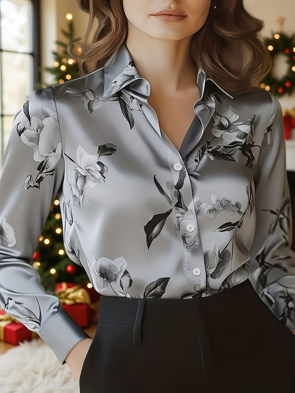 Chemise grande taille en satin à imprimé fleuri, manches longues, tombé fluide, vue de profil