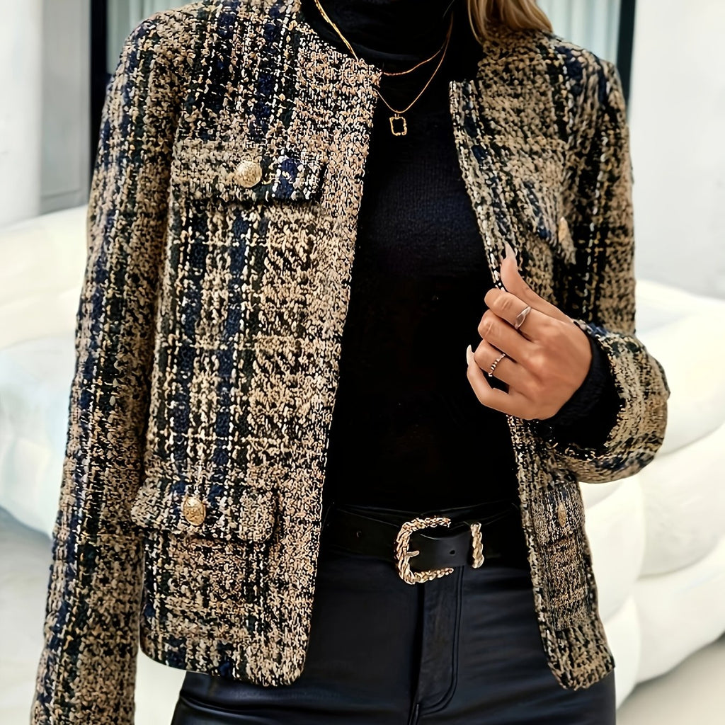 Blazer grande taille en tweed, col mao, boutonnage, manches longues — composition : 100% Polyester