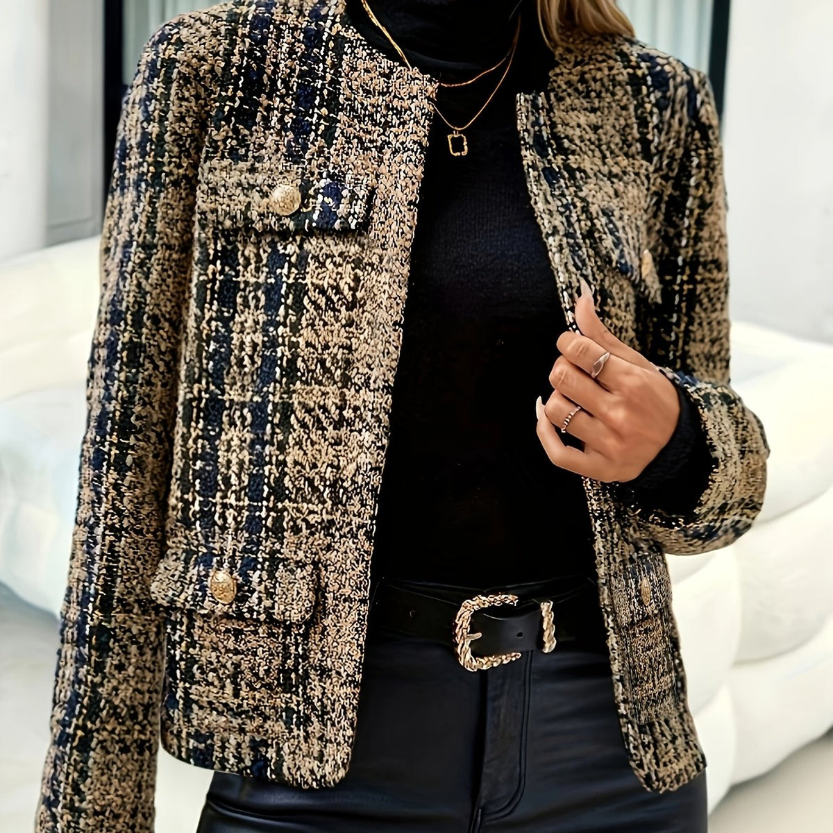 Blazer grande taille en tweed, col mao, boutonnage, manches longues — composition : 100% Polyester