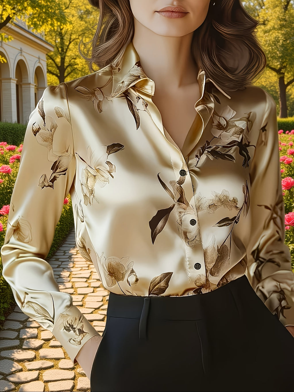 Chemise grande taille en satin à imprimé fleuri, manches longues, tombé fluide, porté de face