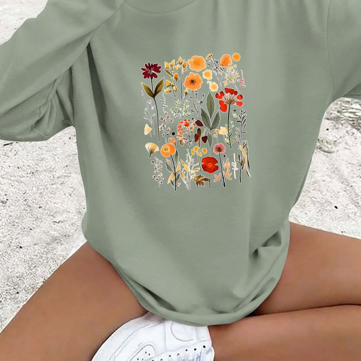 T-shirt grande taille à imprimé fleuri, manches longues, toucher naturel, détail du tissu