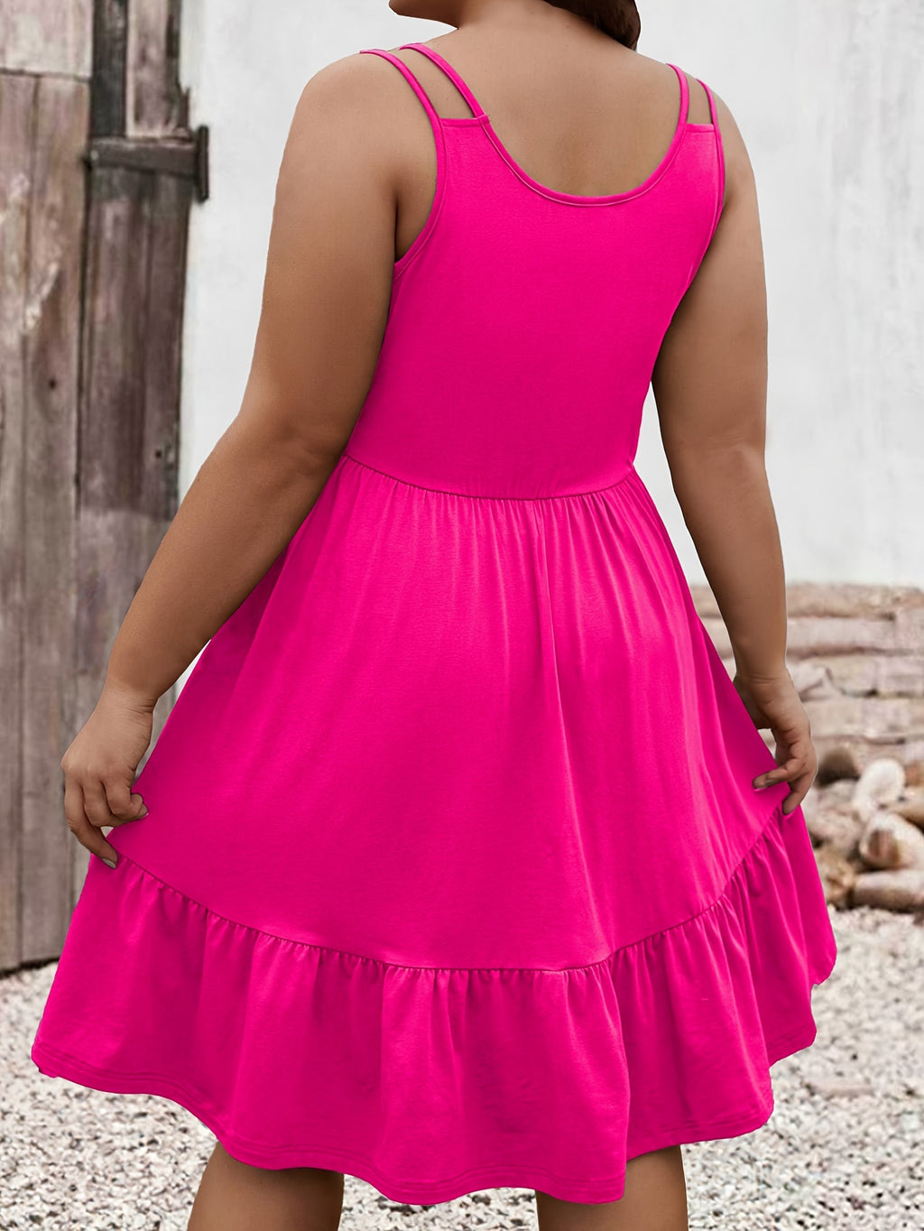 Robe courte grande taille — Double bretelle et jersey froncé