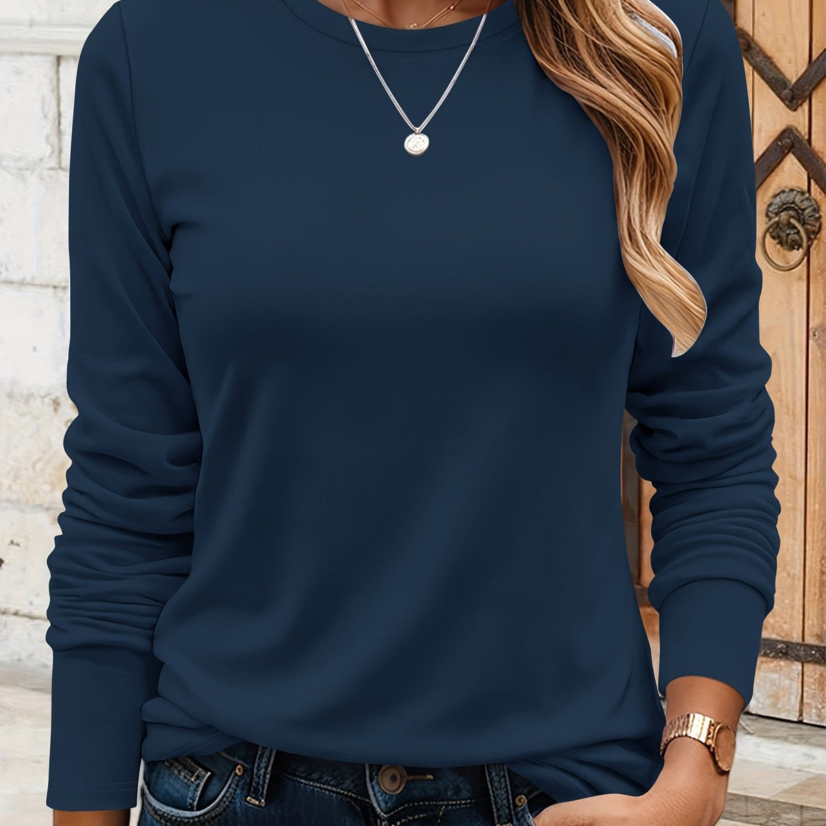 T-shirt grande taille, col rond, manches longues, toucher naturel, tissu opaque