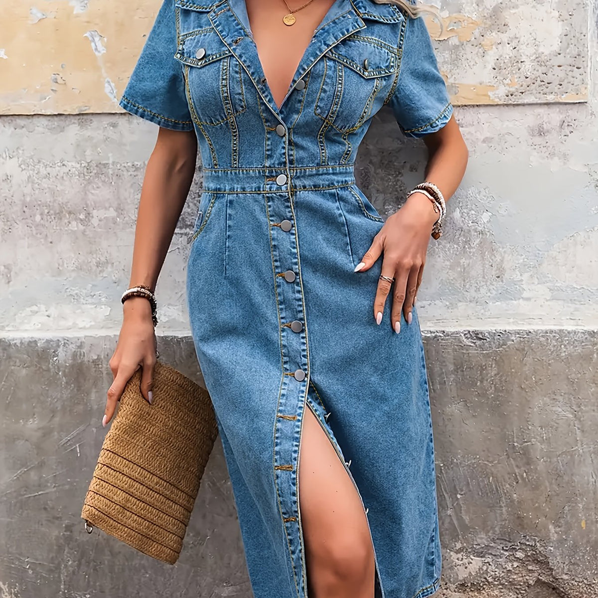 Robe grande taille, poches plaquées, manches courtes, tenue franche — matière : denim Image
