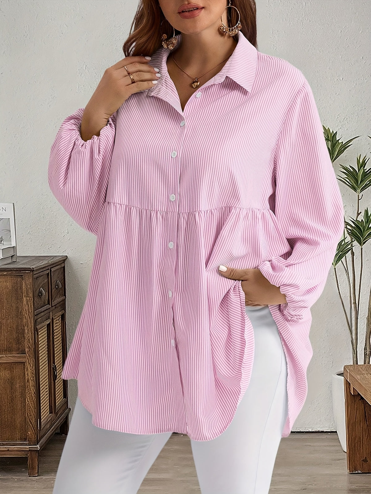 Chemise grande taille à rayures, col polo, visuel produit