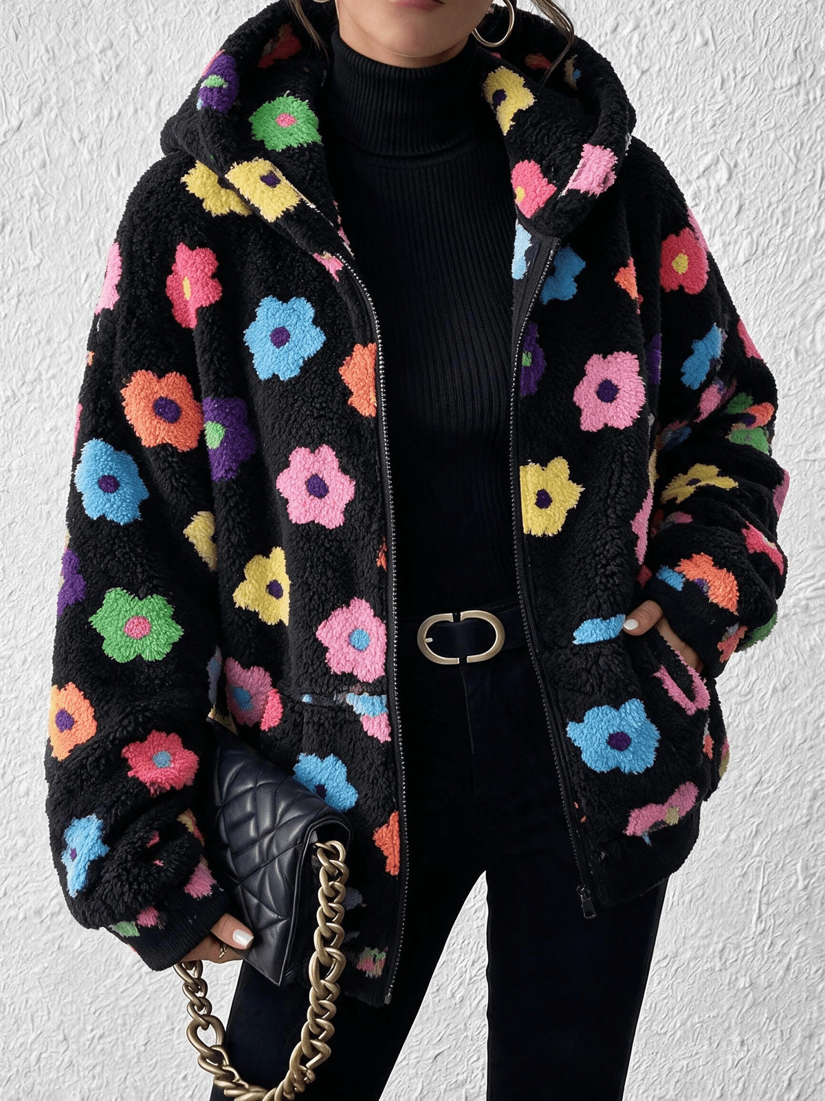 Manteau grande taille à imprimé fleuri, capuche, chaleur d'hiver