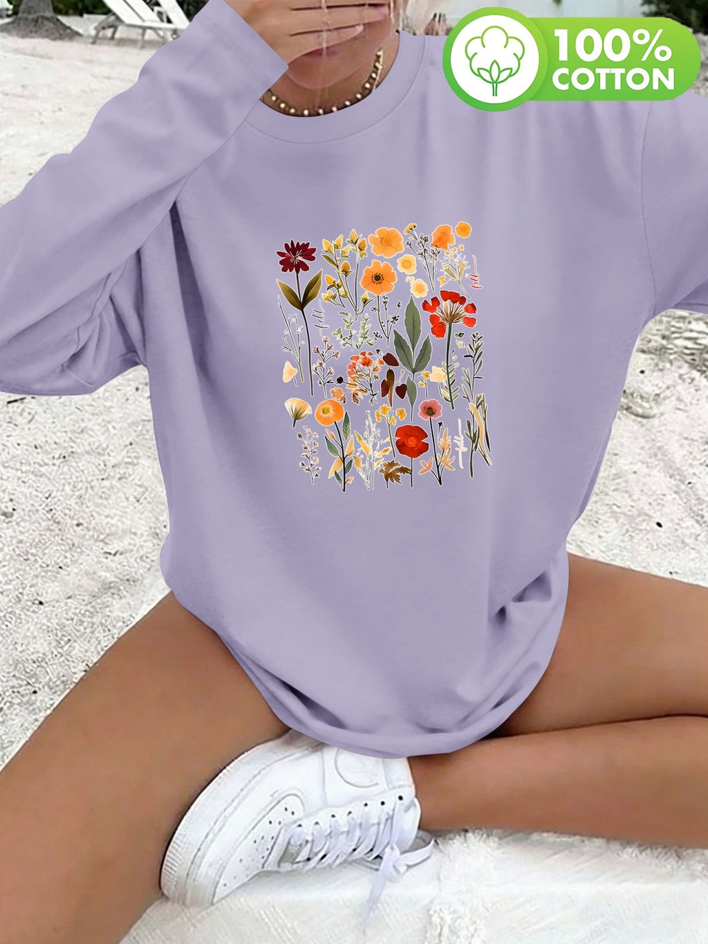 T-shirt grande taille à imprimé fleuri, manches longues, toucher naturel, gros plan