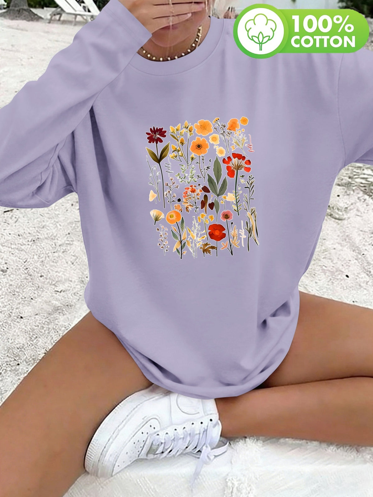T-shirt grande taille à imprimé fleuri, manches longues, toucher naturel, gros plan