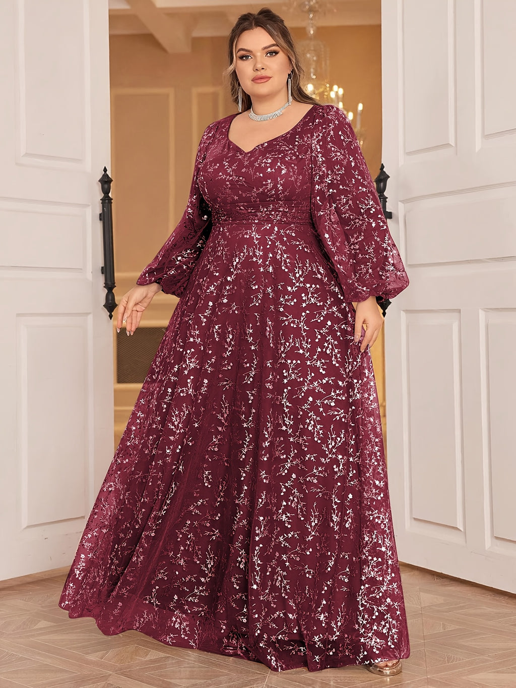 Robe de cérémonie grande taille, tulle à branches de sequins