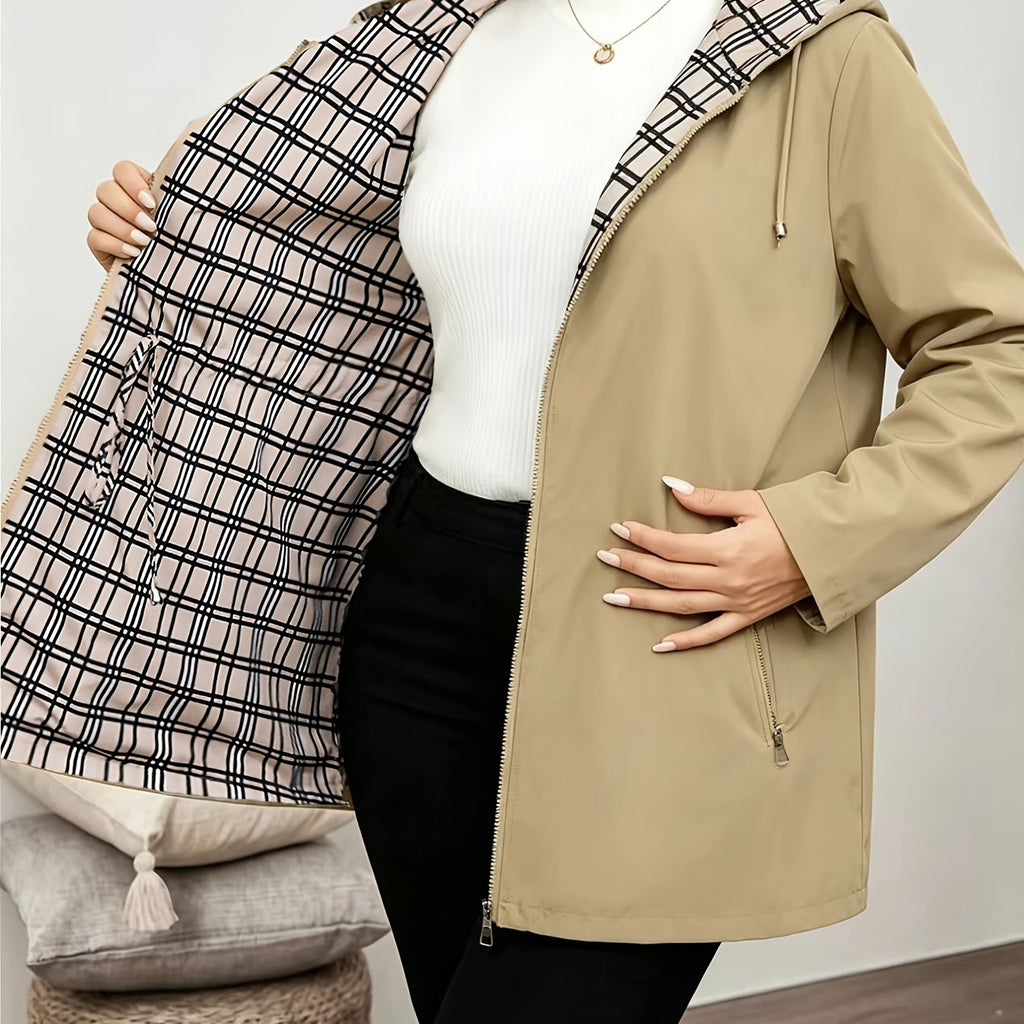 Trench grande taille, coupe ample, capuche — matière : polyester