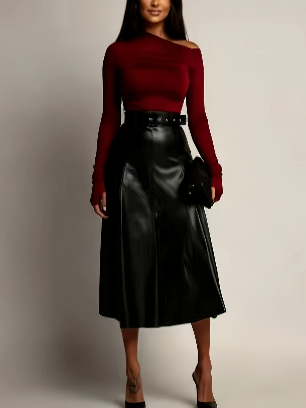 Jupe grande taille en cuir synthétique, ceinture assortie, allure cuir, vu de dos