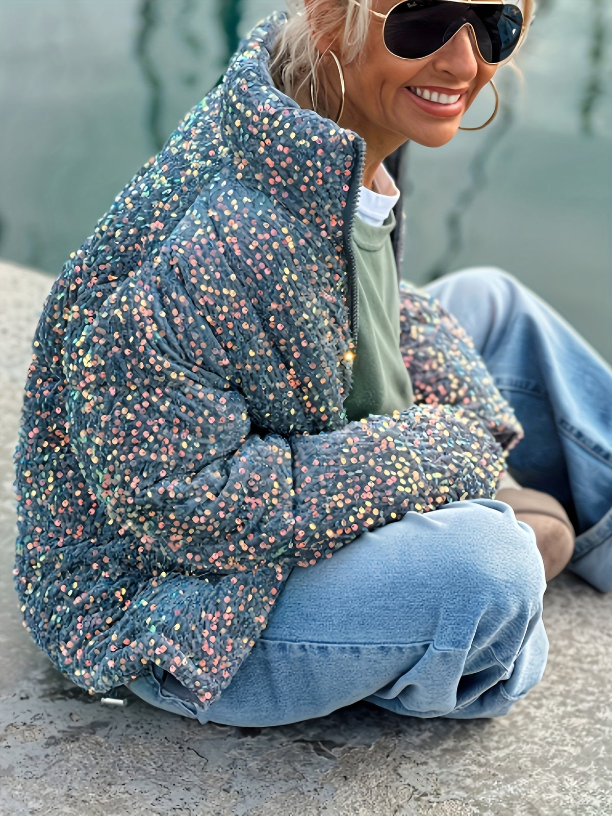 Manteau grande taille à paillettes, coupe oversize, porté de face