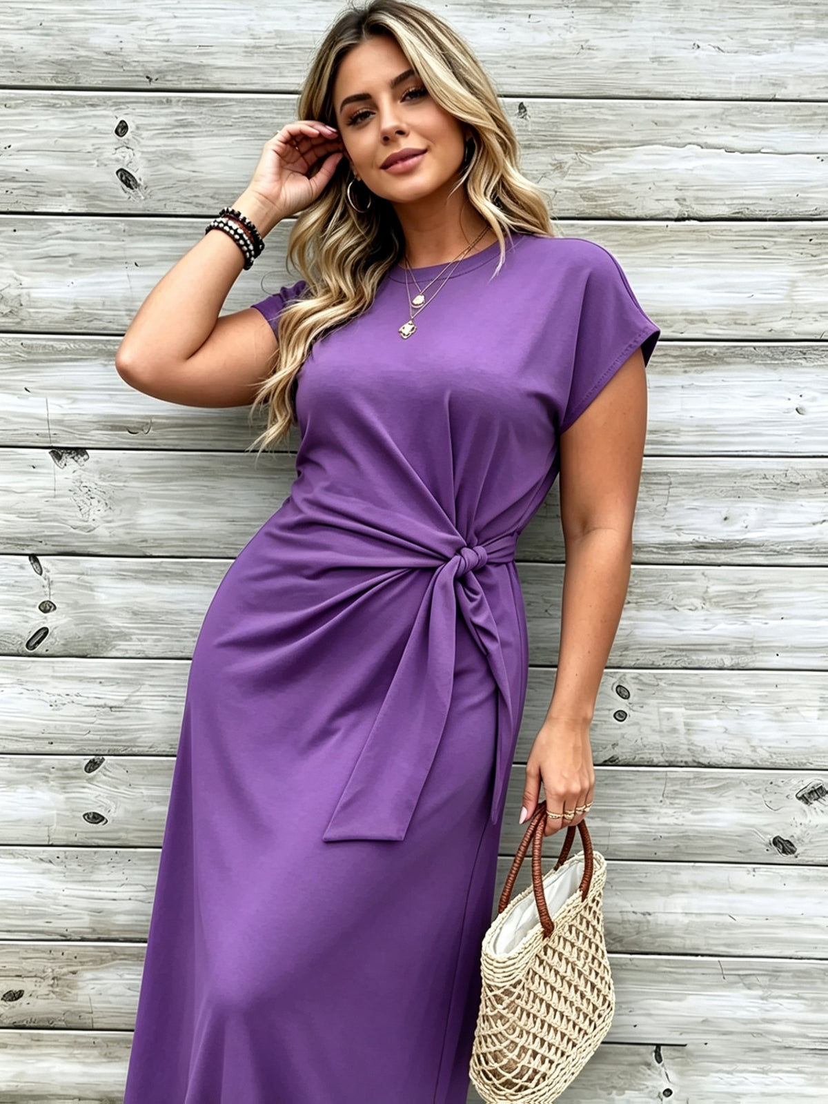 Robe longue grande taille — Jersey uni et nœud à la taille