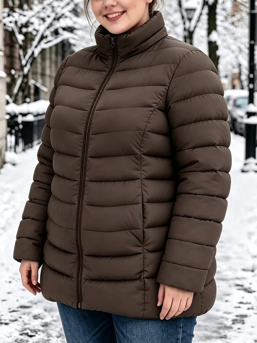 Veste grande taille, poches plaquées, fermeture zippée, chaleur d'hiver, vue de profil
