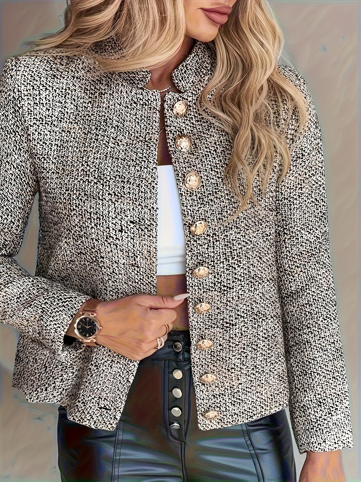 Blazer grande taille en tweed, col mao, boutonnage, manches longues Image