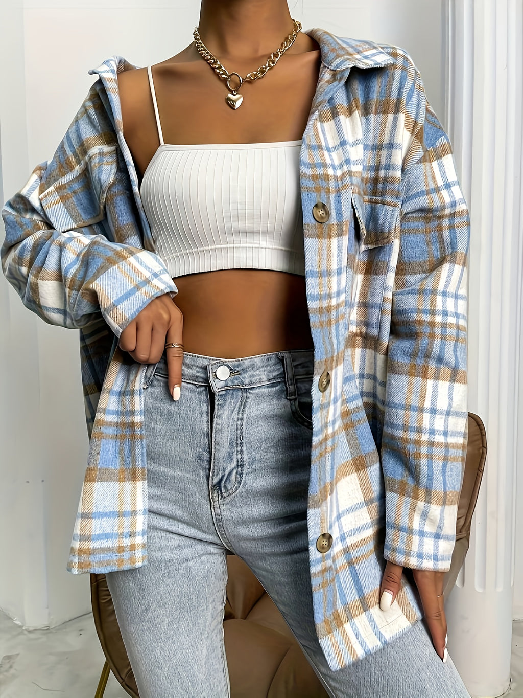 Chemise grande taille à carreaux, poches pratiques — composition : 100% Polyester