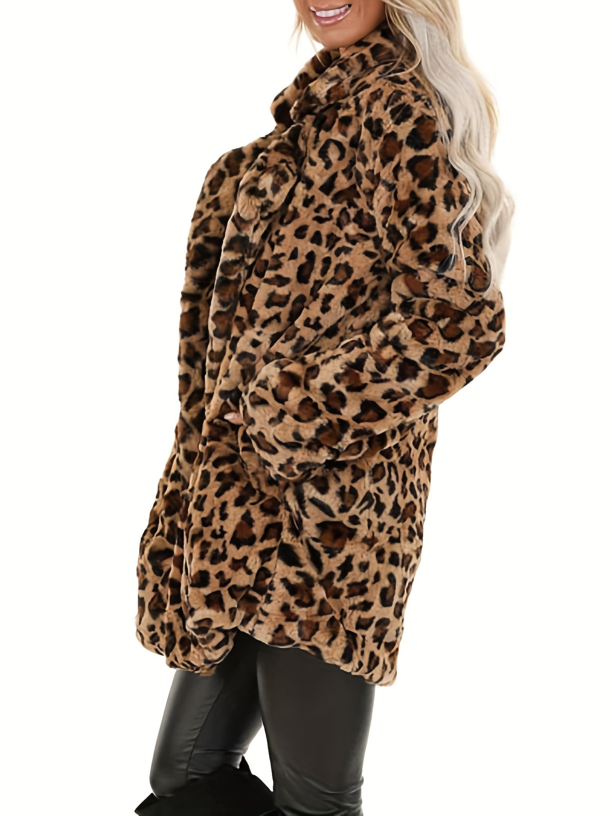 Manteau grande taille à imprimé léopard, coupe oversize, manches longues, porté de face