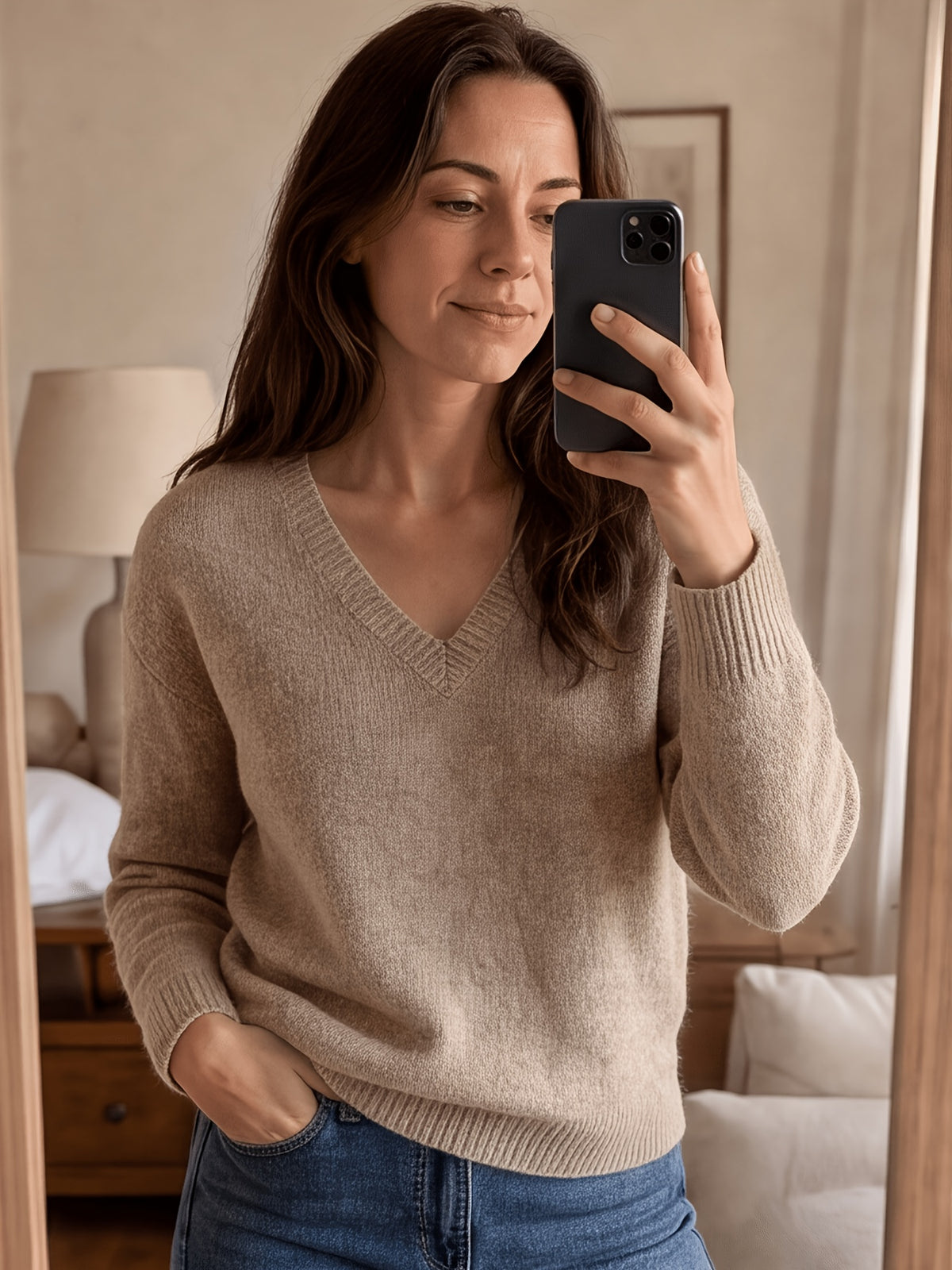 Pull grande taille en laine, coupe ample, manches longues, tenue chaude, mise en situation