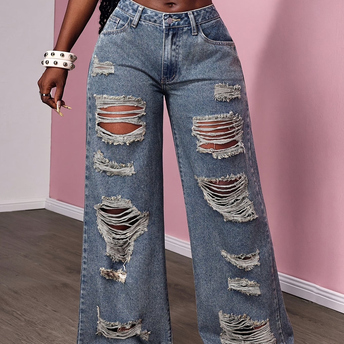 Pantalon grande taille, coupe évasée, toucher naturel, délavage — matière : coton Image