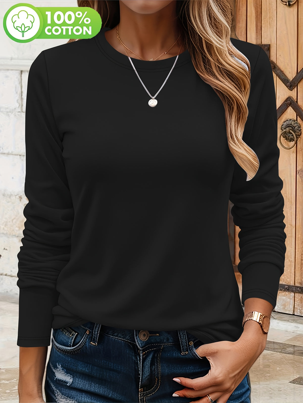 T-shirt grande taille, col rond, manches longues, toucher naturel, porté de face