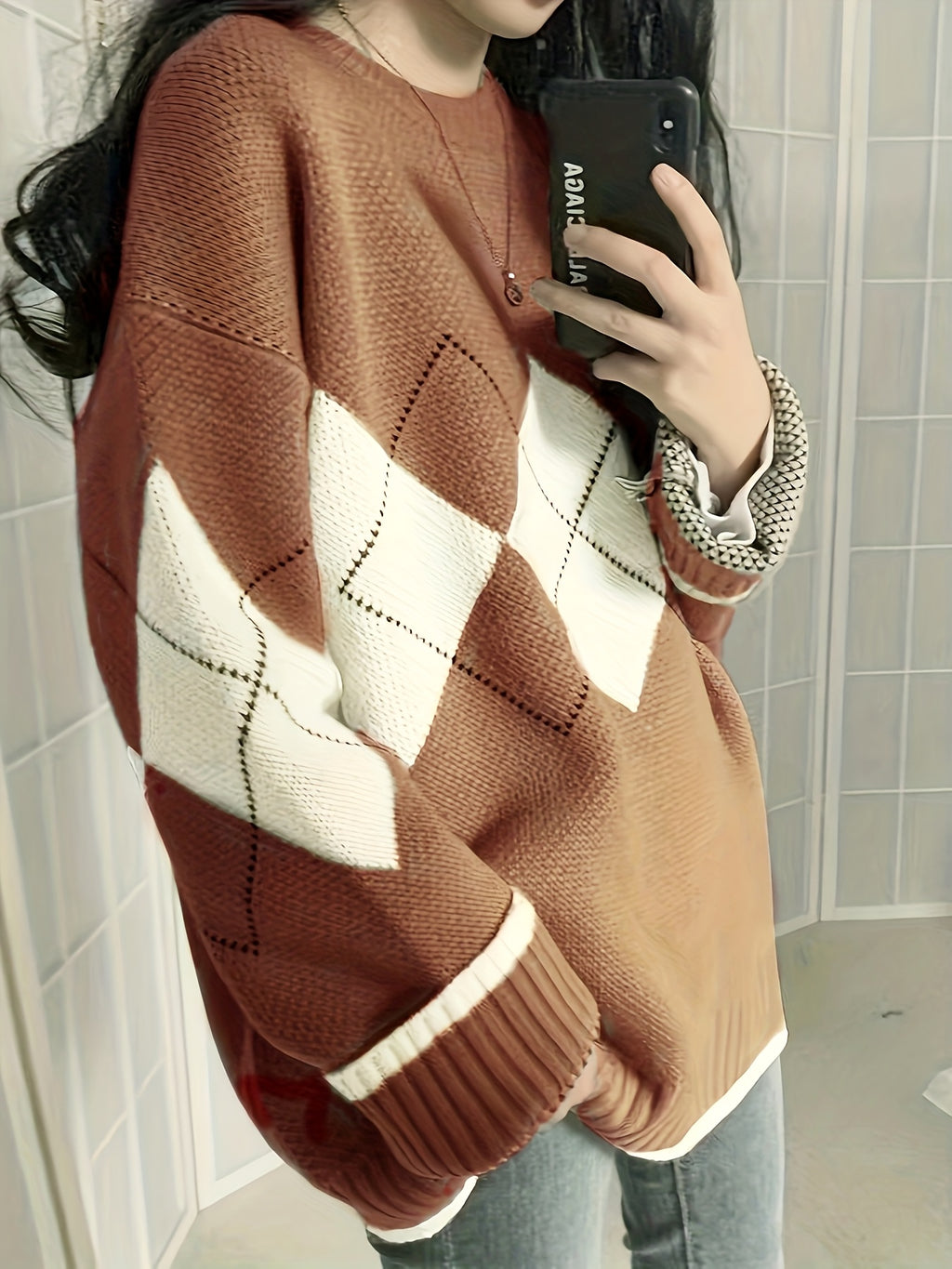 Pull grande taille à imprimé géométrique, toucher moelleux, chaleur d'hiver, mise en situation