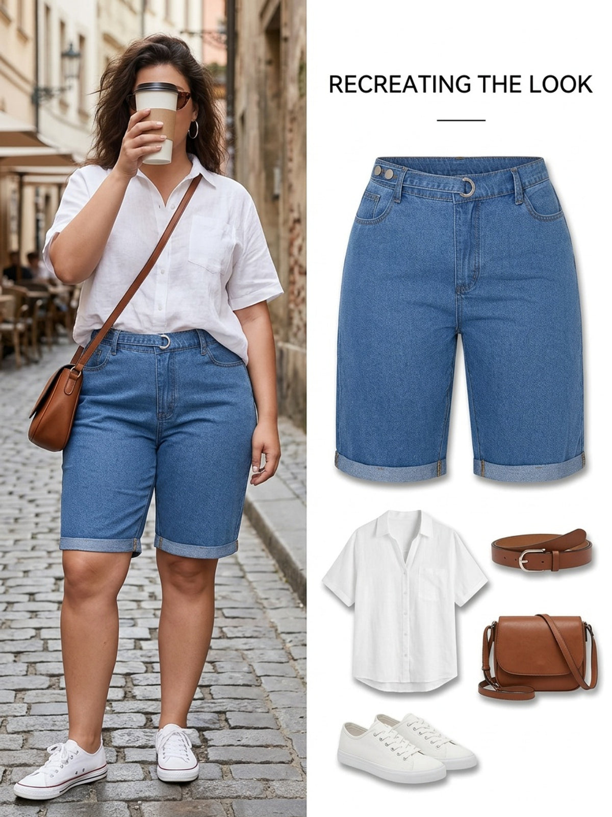 Short grande taille, coupe ample, ceinture assortie, toucher naturel, porté de face