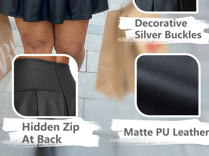 Jupe grande taille en cuir synthétique, plissés, allure cuir, porté de face