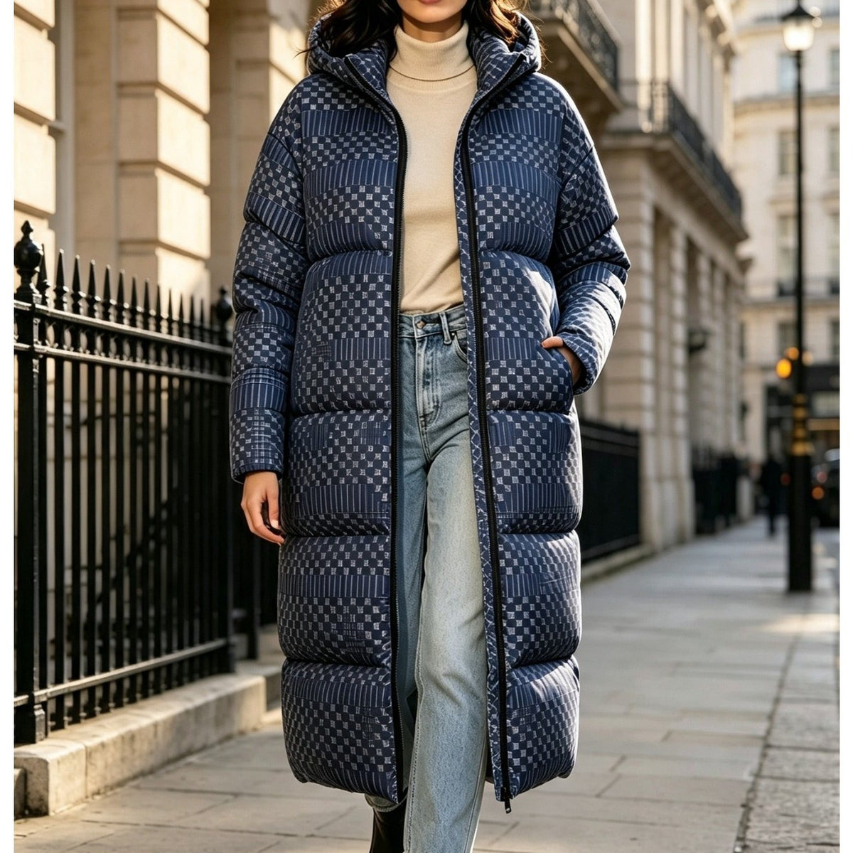 Manteau grande taille, coupe ample, capuche, fermeture zippée — matière : polyester Image