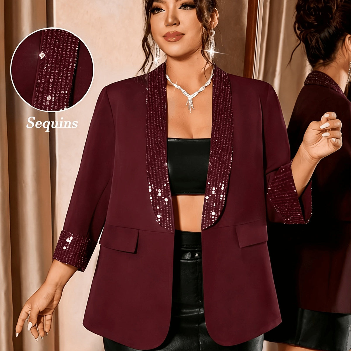 Veste grande taille, coupe oversize, paillettes, tissu opaque