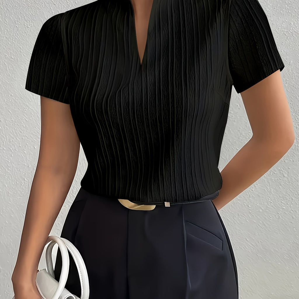 Chemise grande taille, col V, manches courtes — matière : polyester