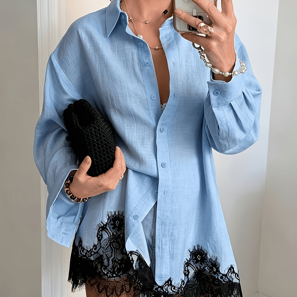 Chemise grande taille en dentelle, coupe droite, manches longues, effet ajouré — matière : polyester