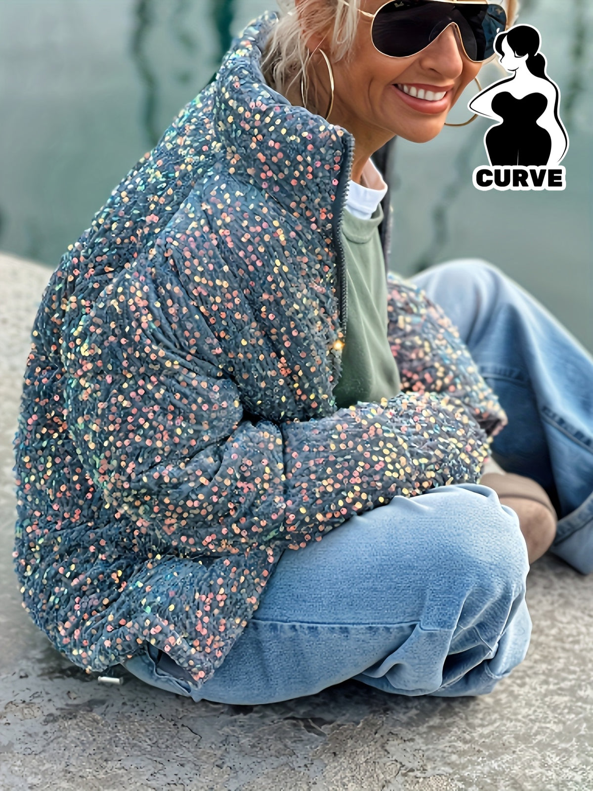 Manteau grande taille à paillettes, coupe oversize