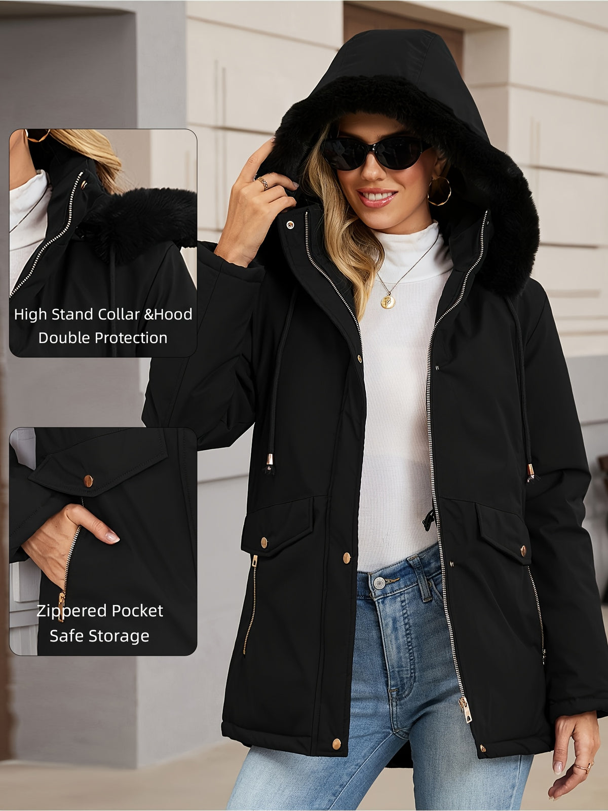 Veste grande taille, coupe oversize, longueur midi, capuche, détail du col