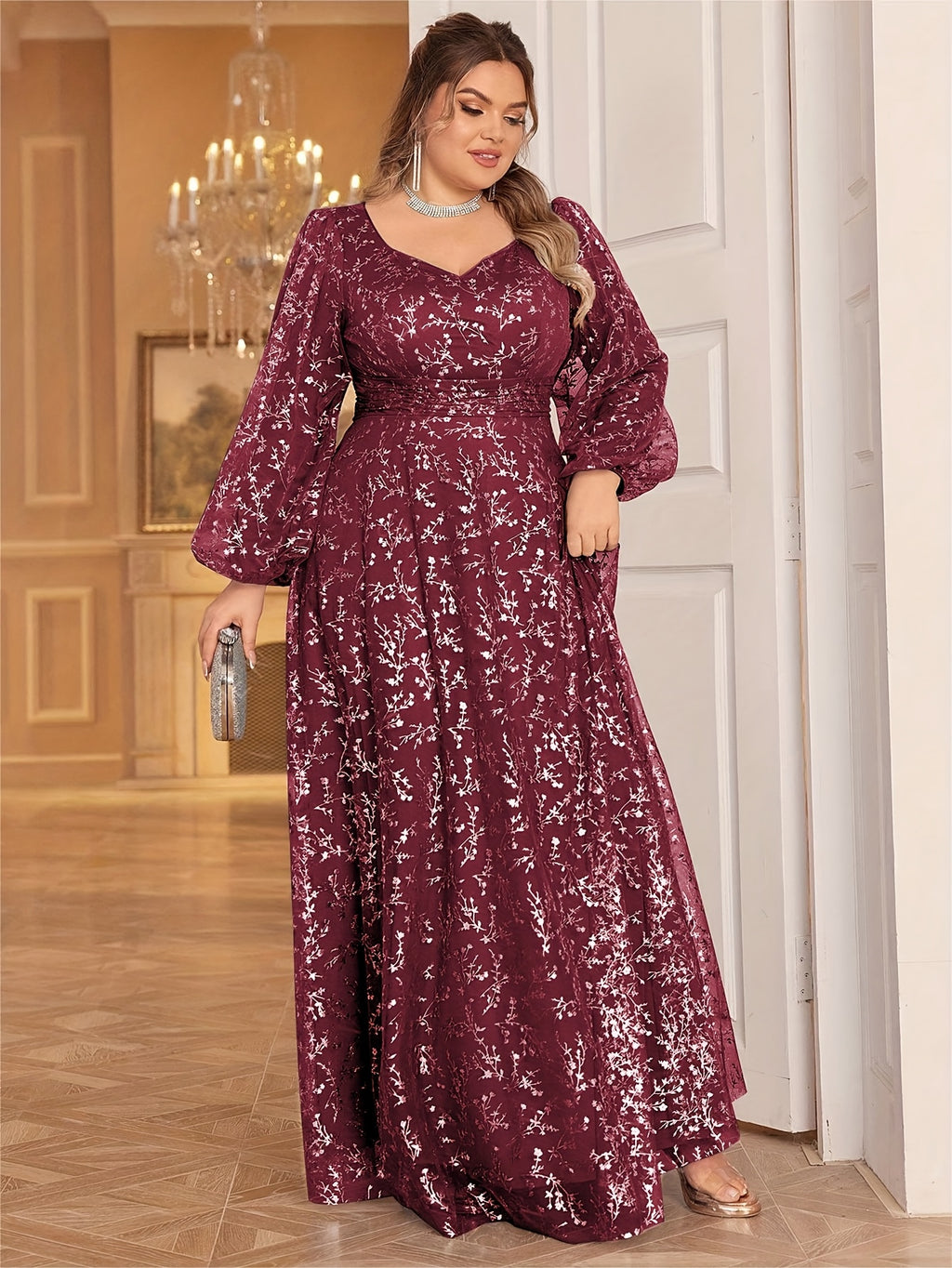 Robe de cérémonie grande taille, tulle à branches de sequins