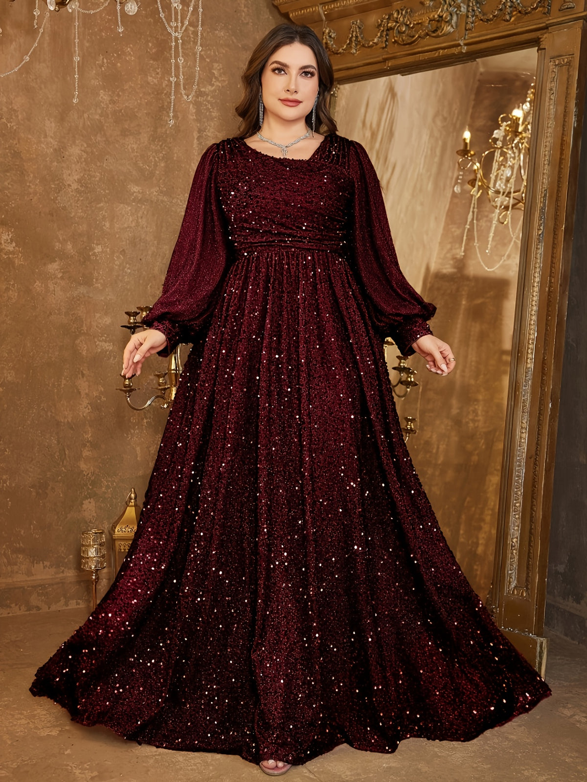 Robe de cérémonie grande taille, manches lanternes pailletées