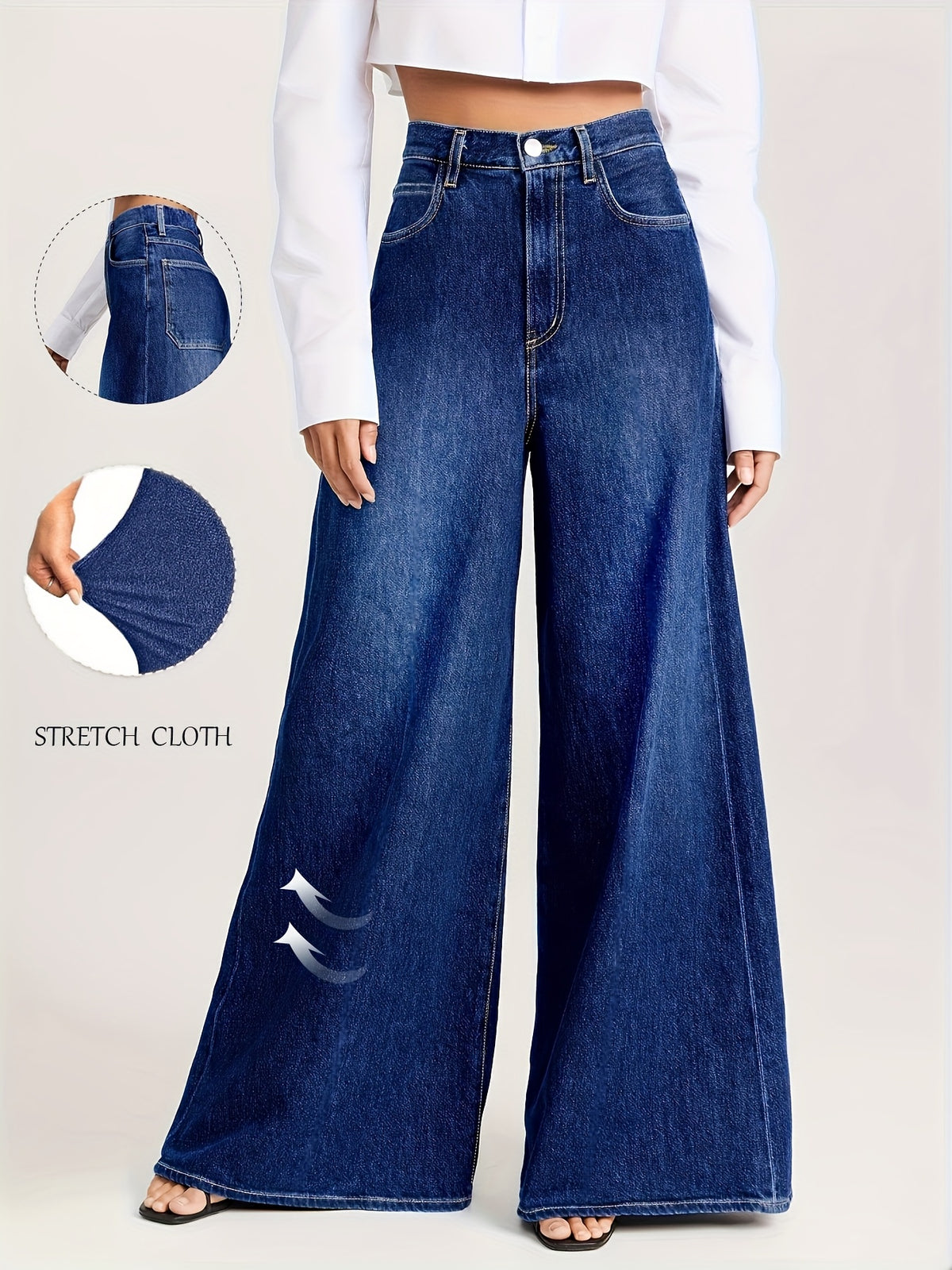 Pantalon grande taille, coupe évasée, délavage doux, tenue franche — matière : denim