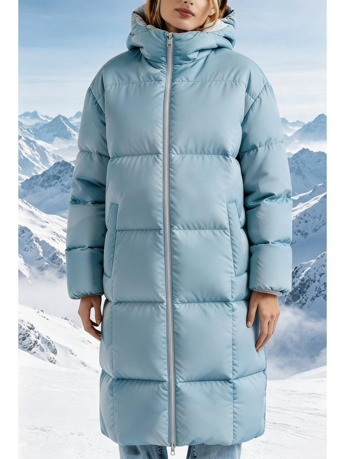 Veste grande taille, col rond, capuche, détail du tissu