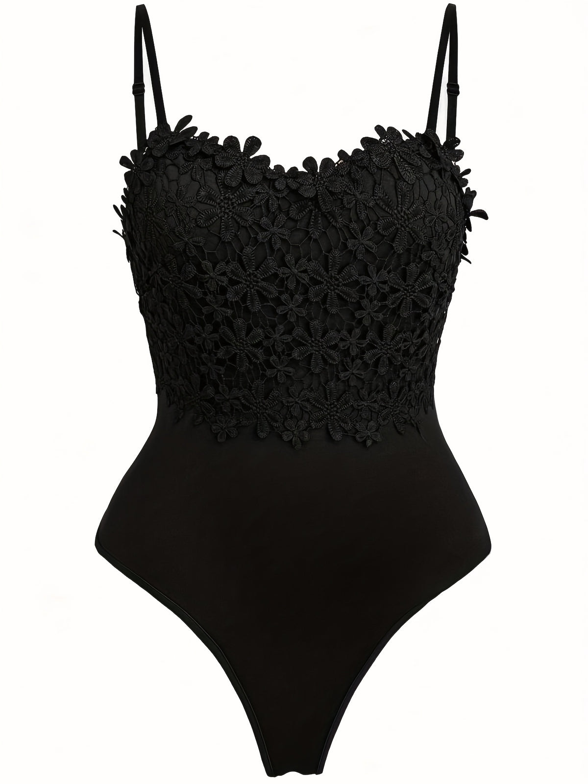Body gainant grande taille en dentelle, encolure nette, effet ajouré, vue de profil