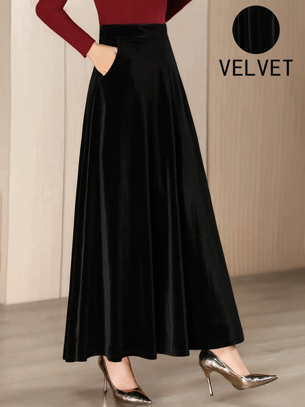Robe grande taille en velours, coupe évasée, poches pratiques, toucher profond — composition : 92% Polyester, 8% Élasthanne