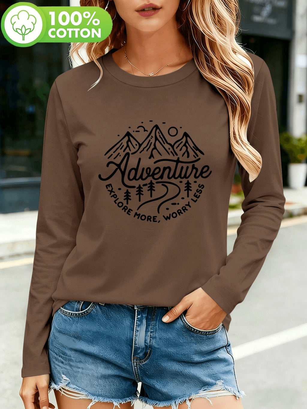 T-shirt grande taille, col rond, manches longues, toucher naturel, visuel produit