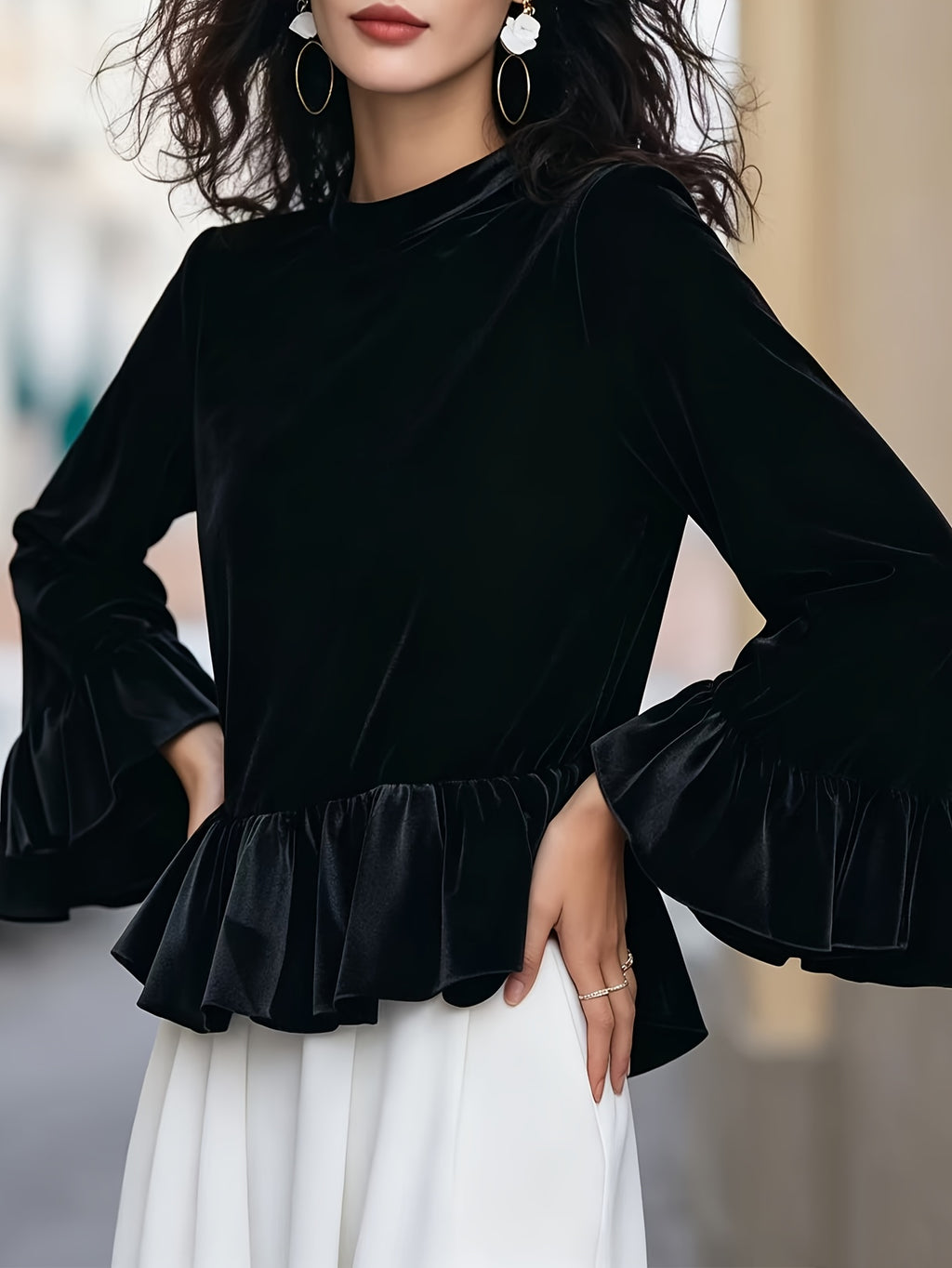 T-shirt grande taille en velours, coupe oversize, volants, manches longues