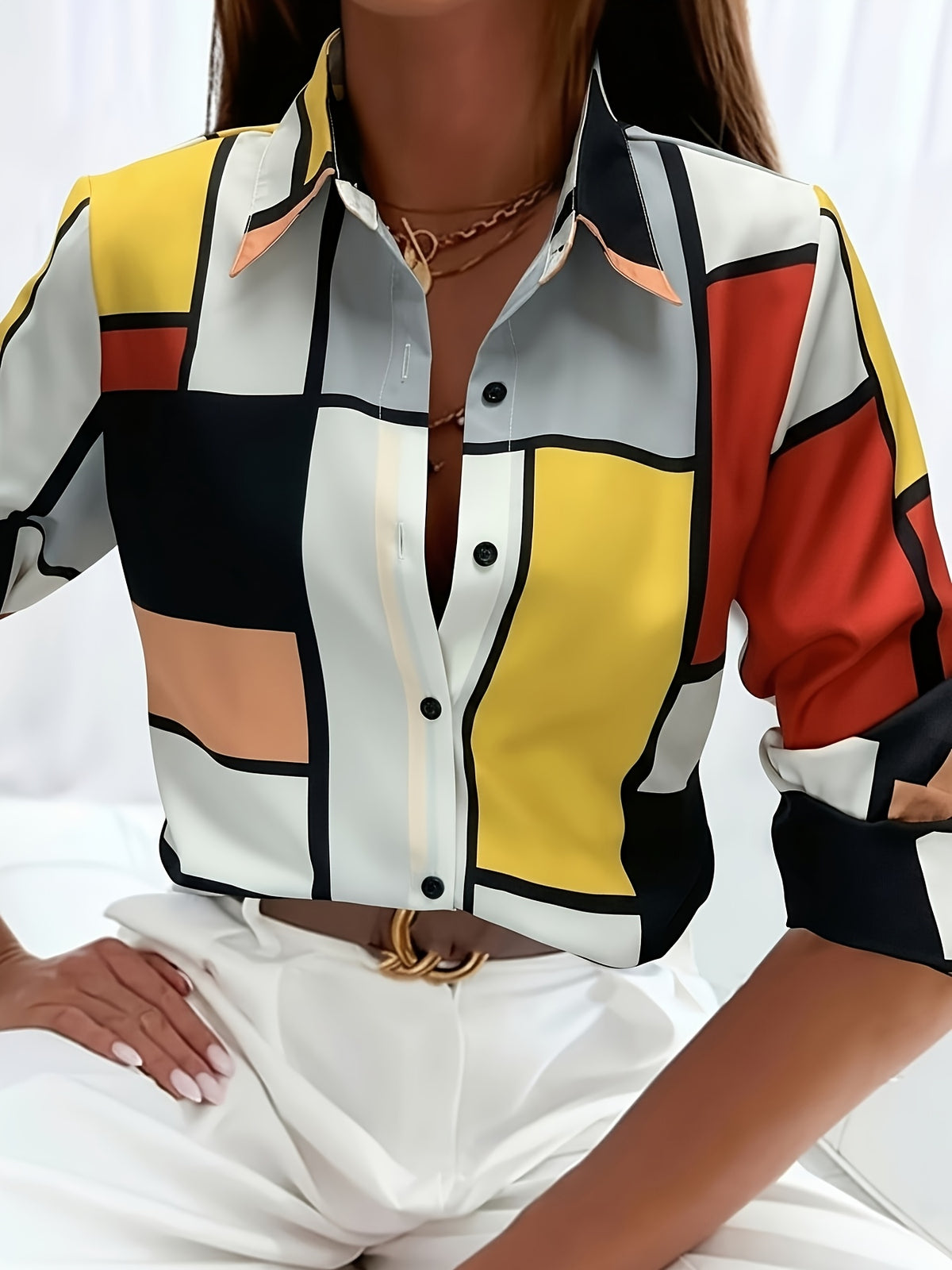 Chemise grande taille à imprimé géométrique — composition : 100% Polyester