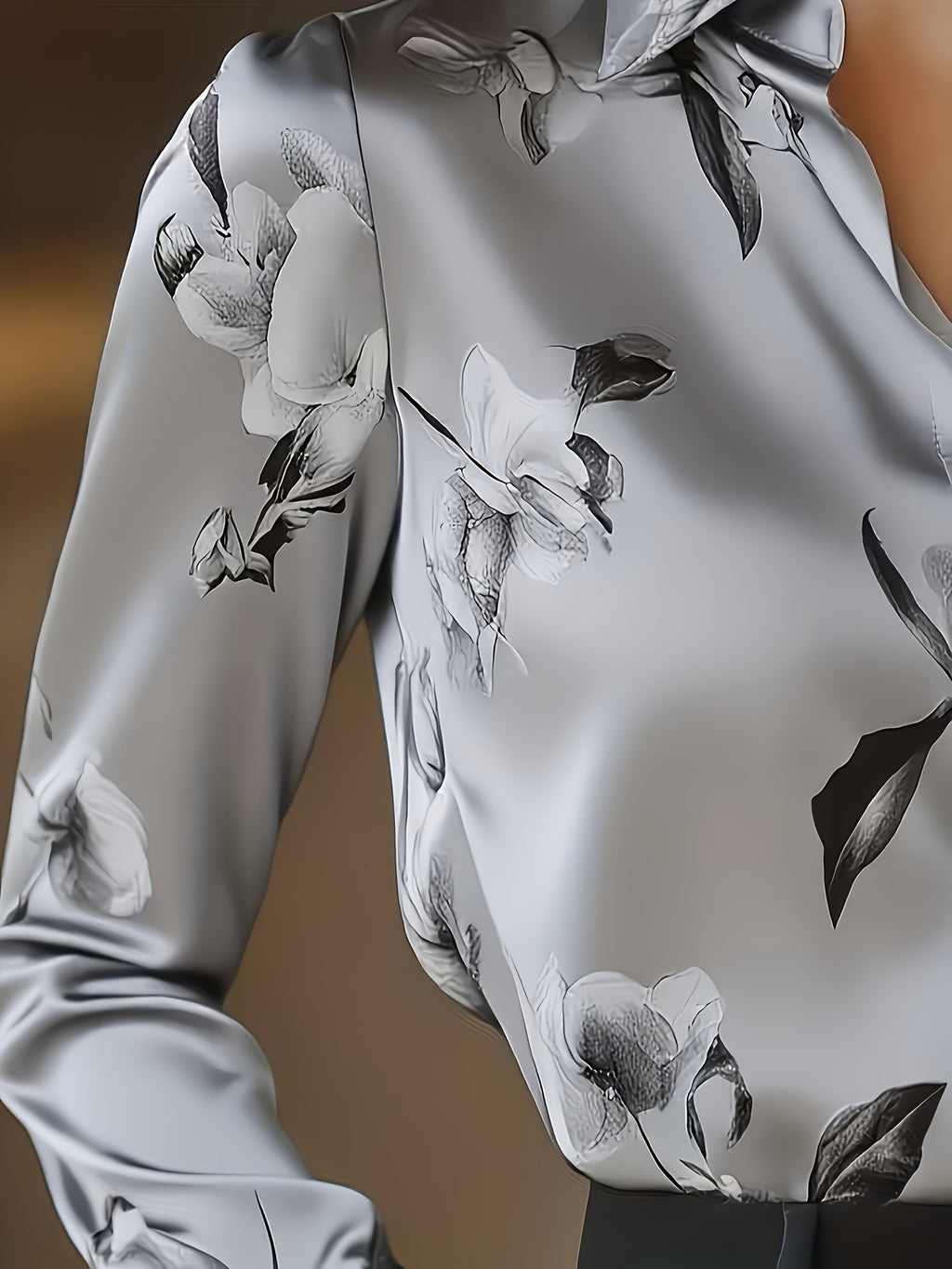 Chemise grande taille en satin à imprimé fleuri, manches longues, tombé fluide, gros plan