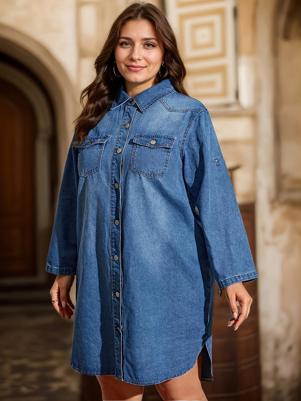 Robe grande taille, coupe oversize, manches longues, tenue franche