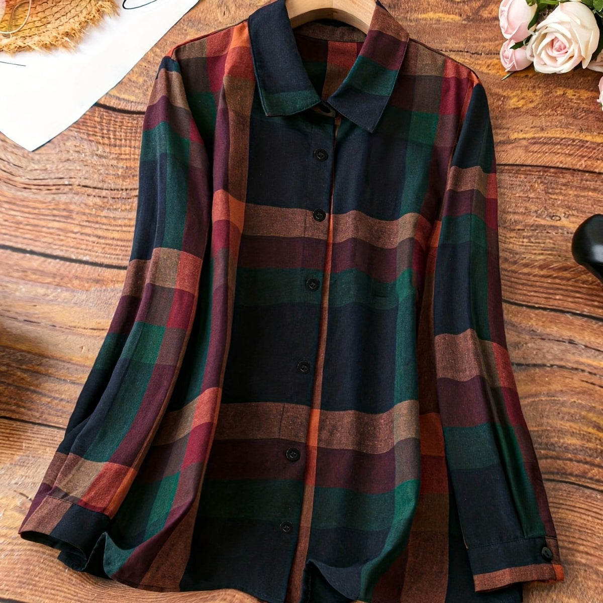 Chemise grande taille à carreaux, coupe droite, manches longues, tombé fluide — matière : viscose