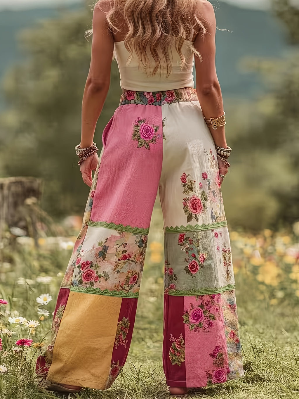 Pantalon grande taille à imprimé fleuri, coupe droite, tissu opaque
