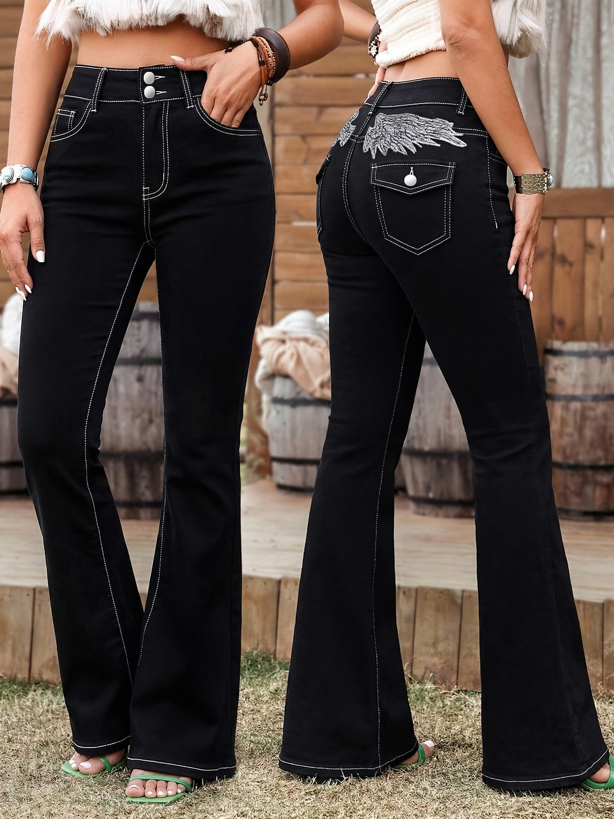 Jean grande taille à broderies, coupe oversize, tombé fluide Image