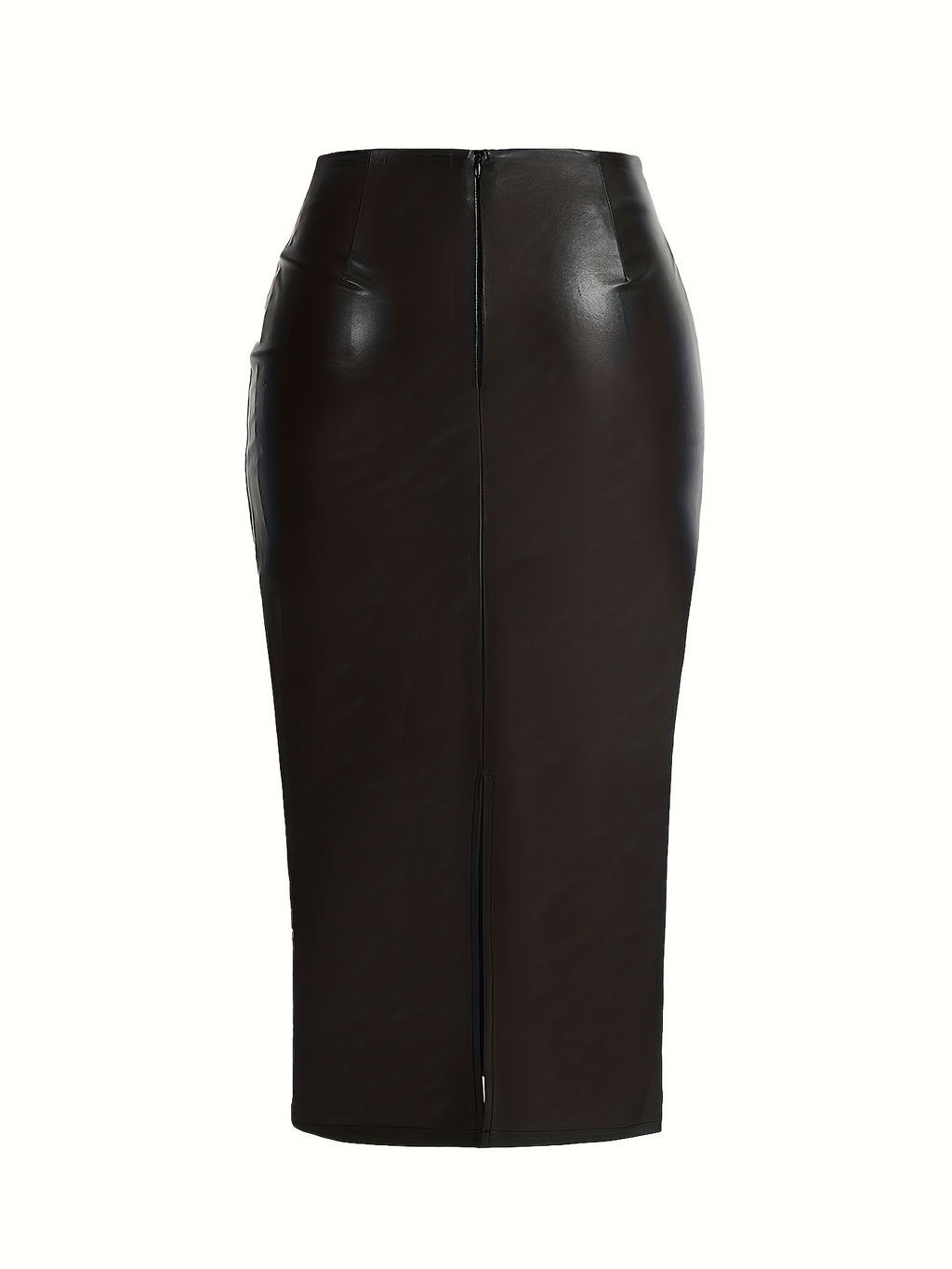 Jupe grande taille en cuir synthétique, longueur midi, allure cuir, détail du col